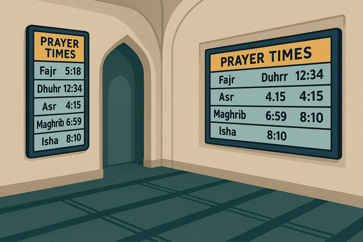 A caricature of how prayer clocks running in landscape and portrait orientations.