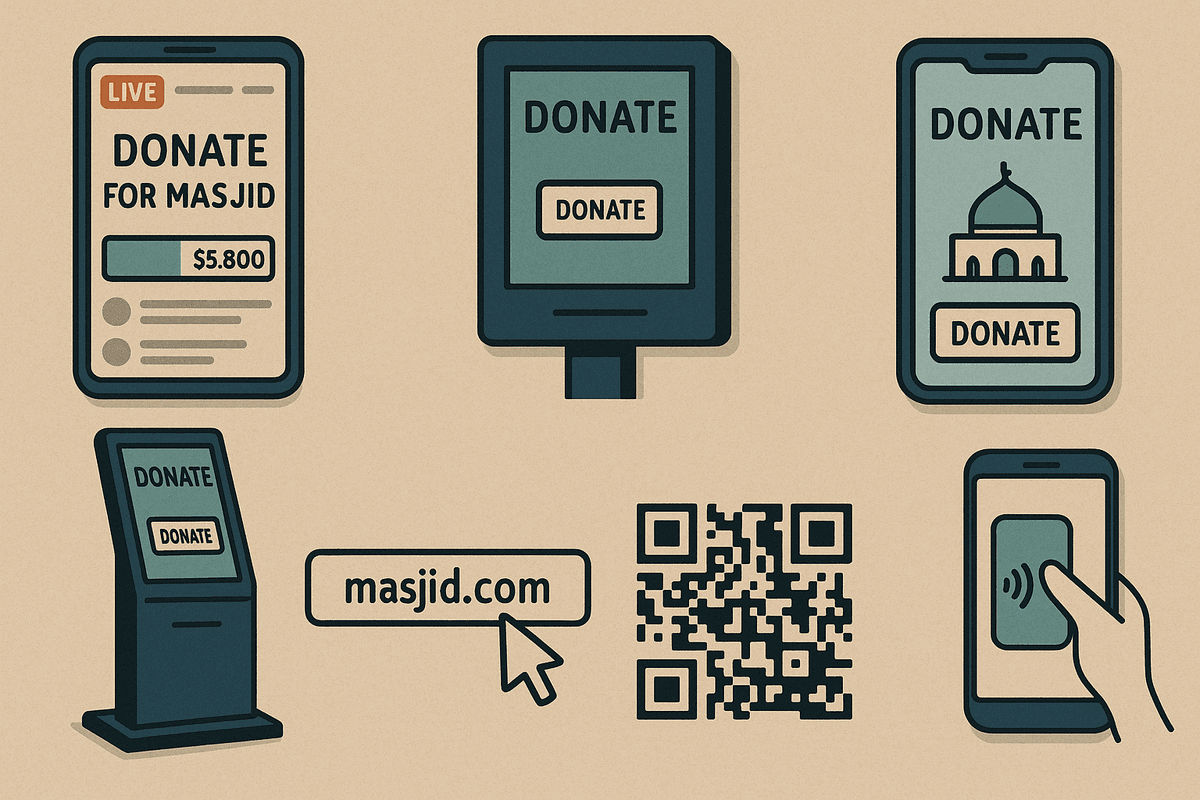 Mosque donation management dashboard showing real-time donation tracking, automated receipts, and multi-channel giving options